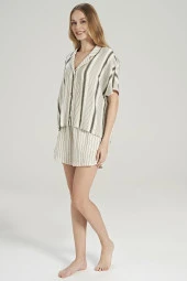 Kadın Keten Çizgili Önden Düğmeli Gömlek Yaka Şortlu Pijama Takımı - 3