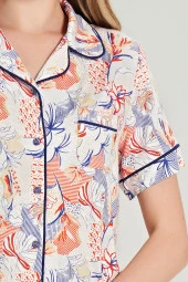 Kadın Çicek Desenli Önden Düğmeli Gömlek Yakalı Pijama Takımı - 7