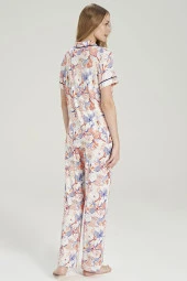Kadın Çicek Desenli Önden Düğmeli Gömlek Yakalı Pijama Takımı - 10