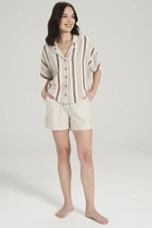 Kadın Keten Çizgili Önden Düğmeli Gömlek Yaka Şortlu Pijama Takımı - 5