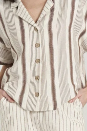 Kadın Keten Çizgili Önden Düğmeli Gömlek Yaka Şortlu Pijama Takımı - 6