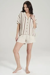 Kadın Keten Çizgili Önden Düğmeli Gömlek Yaka Şortlu Pijama Takımı - 7