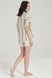 Kadın Keten Çizgili Önden Düğmeli Gömlek Yaka Şortlu Pijama Takımı - 9