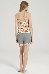 Kadın Çicek Desenli İp Askılı Belden Bağlamalı Şortlu Pijama Takımı - 10