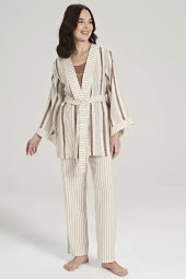 Kadın Keten Çizgili Kalın Askılı 3'lü Pijama Takımı - 1