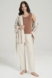 Kadın Keten Çizgili Kalın Askılı 3'lü Pijama Takımı - 3