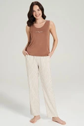 Kadın Keten Çizgili Kalın Askılı 3'lü Pijama Takımı - 4