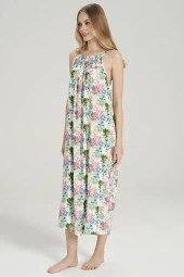 Kadın Lila Çicek Desenli İp Askılı Gecelik Elbise - 4