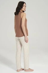 Kadın Keten Çizgili Kalın Askılı 3'lü Pijama Takımı - 6