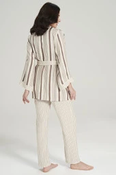 Kadın Keten Çizgili Kalın Askılı 3'lü Pijama Takımı - 7