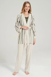 Kadın Keten Çizgili Kalın Askılı 3'lü Pijama Takımı - 8