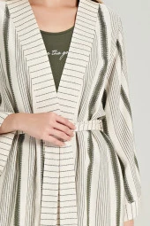 Kadın Keten Çizgili Kalın Askılı 3'lü Pijama Takımı - 9