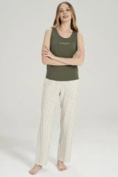 Kadın Keten Çizgili Kalın Askılı 3'lü Pijama Takımı - 11