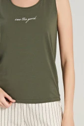 Kadın Keten Çizgili Kalın Askılı 3'lü Pijama Takımı - 12