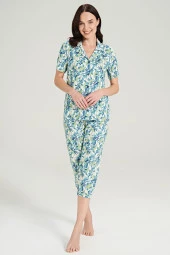 Kadın Pamuklu Yaprak Desenli Önden Düğmeli Kapri Pijama Takımı - 3