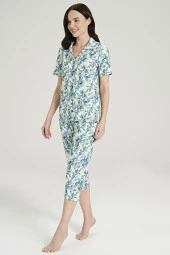 Kadın Pamuklu Yaprak Desenli Önden Düğmeli Kapri Pijama Takımı - 4