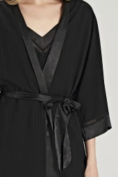 Kadın Çizgili V Yaka İp Askılı Belden Kuşaklı 3'lü Pijama Takımı - 3