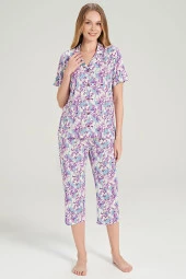 Kadın Pamuklu Yaprak Desenli Önden Düğmeli Kapri Pijama Takımı - 6