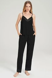 Kadın Çizgili V Yaka İp Askılı Belden Kuşaklı 3'lü Pijama Takımı - 4