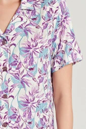 Kadın Pamuklu Yaprak Desenli Önden Düğmeli Kapri Pijama Takımı - 7