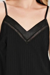 Kadın Çizgili V Yaka İp Askılı Belden Kuşaklı 3'lü Pijama Takımı - 5