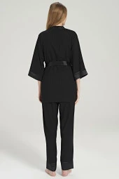 Kadın Çizgili V Yaka İp Askılı Belden Kuşaklı 3'lü Pijama Takımı - 7