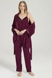 Kadın Çizgili V Yaka İp Askılı Belden Kuşaklı 3'lü Pijama Takımı - 9