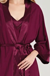 Kadın Çizgili V Yaka İp Askılı Belden Kuşaklı 3'lü Pijama Takımı - 10