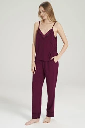 Kadın Çizgili V Yaka İp Askılı Belden Kuşaklı 3'lü Pijama Takımı - 11