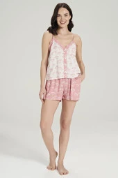 Kadın Pamuklu Çicek Desenli İp Askılı Şortlu Pijama Takımı - 1