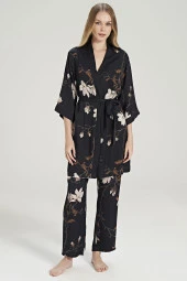 Kadın Siyah Saten Dantel Detaylı İp Askılı 3'lü Pijama Takımı thumbnail 1