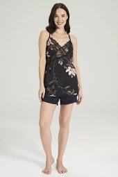 Kadın Siyah Saten Dantel Detaylı İp Askılı Şortlu Pijama Takımı - 3