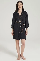 Kadın Siyah Saten Dantel Detaylı İp Askılı Gecelik Ve Sabahlık Takım - 1