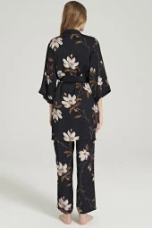 Kadın Siyah Saten Dantel Detaylı İp Askılı 3'lü Pijama Takımı thumbnail 3