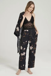 Kadın Siyah Saten Dantel Detaylı İp Askılı 3'lü Pijama Takımı thumbnail 4