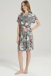 Kadın Pamuklu Önden Düğmeli Beli Kuşaklı Gecelik Elbise - 3