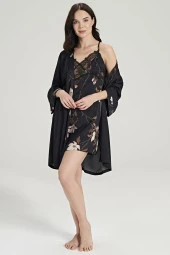 Kadın Siyah Saten Dantel Detaylı İp Askılı Gecelik Ve Sabahlık Takım - 3