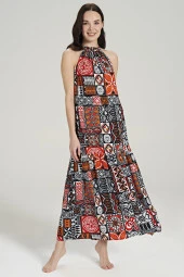 Kadın Pamuklu Etnik Desenli Boyundan Bağlamalı Gecelik Elbise - 1