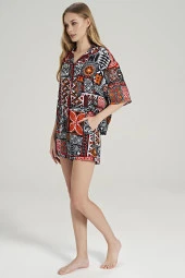 Kadın Pamuklu Etnik Desenli Önden Düğmeli Gömlek Yakalı Şortlu Pijama Takımı - 3