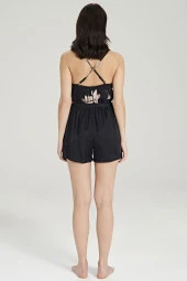 Kadın Siyah Saten Dantel Detaylı İp Askılı Şortlu Pijama Takımı - 7