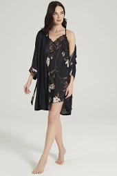 Kadın Siyah Saten Dantel Detaylı İp Askılı Gecelik Ve Sabahlık Takım - 4