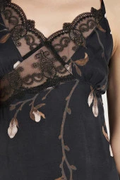 Kadın Siyah Saten Dantel Detaylı İp Askılı Gecelik Ve Sabahlık Takım - 6