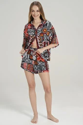 Kadın Pamuklu Etnik Desenli Önden Düğmeli Gömlek Yakalı Şortlu Pijama Takımı - 5