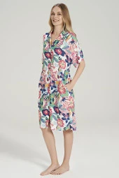 Kadın Pamuklu Çicek Desenli Önden Düğmeli Yarım Kol Gecelik Elbise - 1