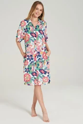 Kadın Pamuklu Çicek Desenli Önden Düğmeli Yarım Kol Gecelik Elbise - 2