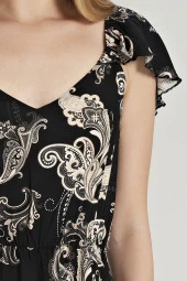 Kadın Pamuklu Şal Desenli Omuz Detaylı Eteği Yırtmaçlı Gecelik Elbise - 2