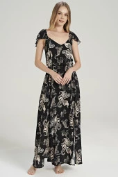 Kadın Pamuklu Şal Desenli Omuz Detaylı Eteği Yırtmaçlı Gecelik Elbise - 3