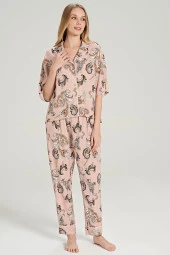 Kadın Pamuklu Şal Desenli Önden Düğmeli V Yaka Pijama Takımı - 1
