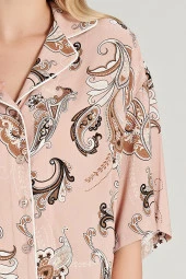 Kadın Pamuklu Şal Desenli Önden Düğmeli V Yaka Pijama Takımı - 2