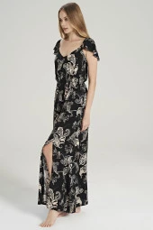 Kadın Pamuklu Şal Desenli Omuz Detaylı Eteği Yırtmaçlı Gecelik Elbise - 5